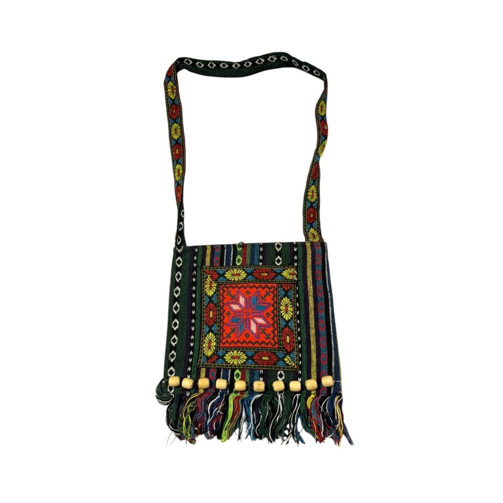 Vintage Bohemian Embroidered Crossbody Bag With Fringe & Bead Details BOHO